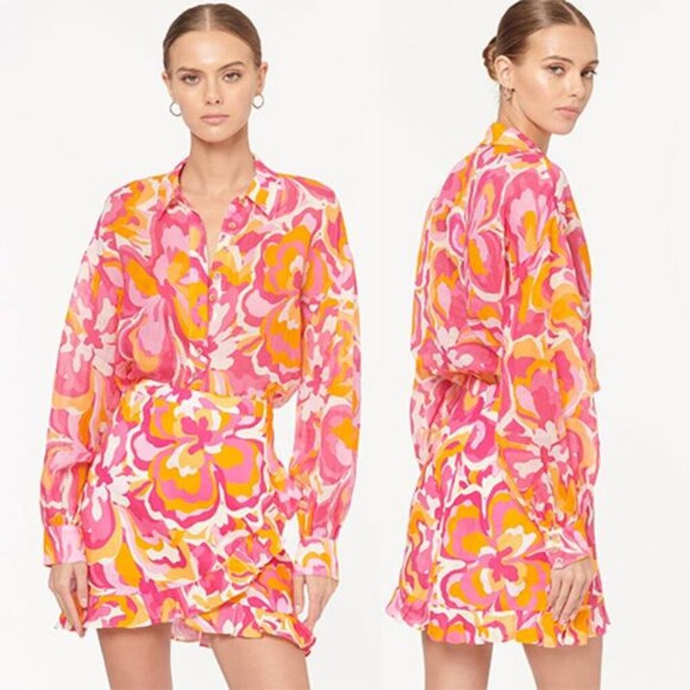 NWT Cami Nyc Mika Ruffled Lined Retro Floral Pink and Orange Mini Skirt